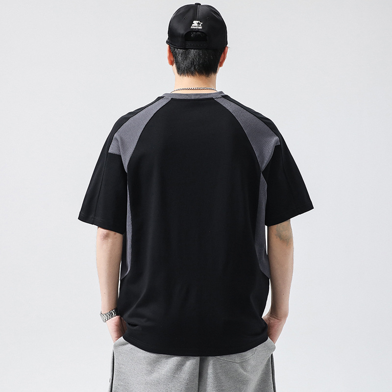 Men's summer new product splicing round neck short sleeved T-shirt men's loose color matching top_voghion.com