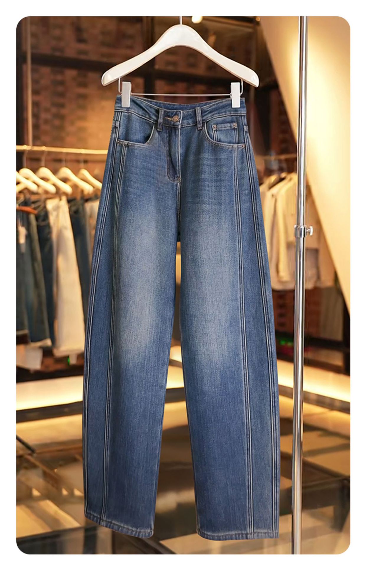 Women's Petite Fleece Lined Curved Blade Jeans New Style Wide Leg Crop Banana Pants Fashionable Autumn Winter Denim_mkmklike.com