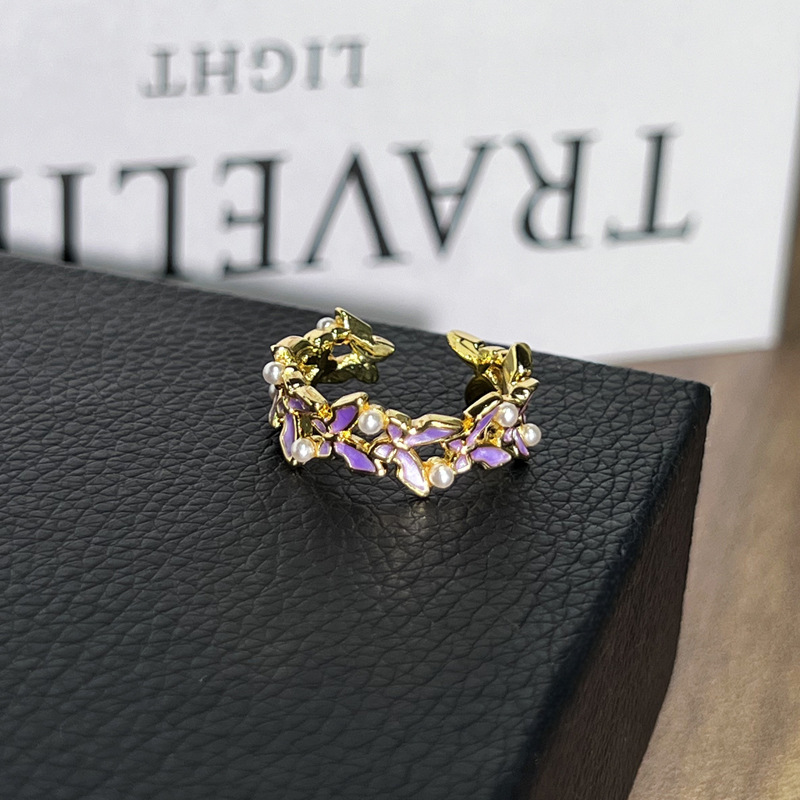 7g Weight Open Rings Classification Adjustable Ring Size 1 Piece Quantity Holiday, Tea Party Occasion Copper Material Flower, Butterfly Pattern All Seasons Season Women's Gender Enamel Design Classic Style, Shiny Style Wholesale Jewelry Classic Style Shiny Flower Butterfly Copper Enamel Open Rings 15