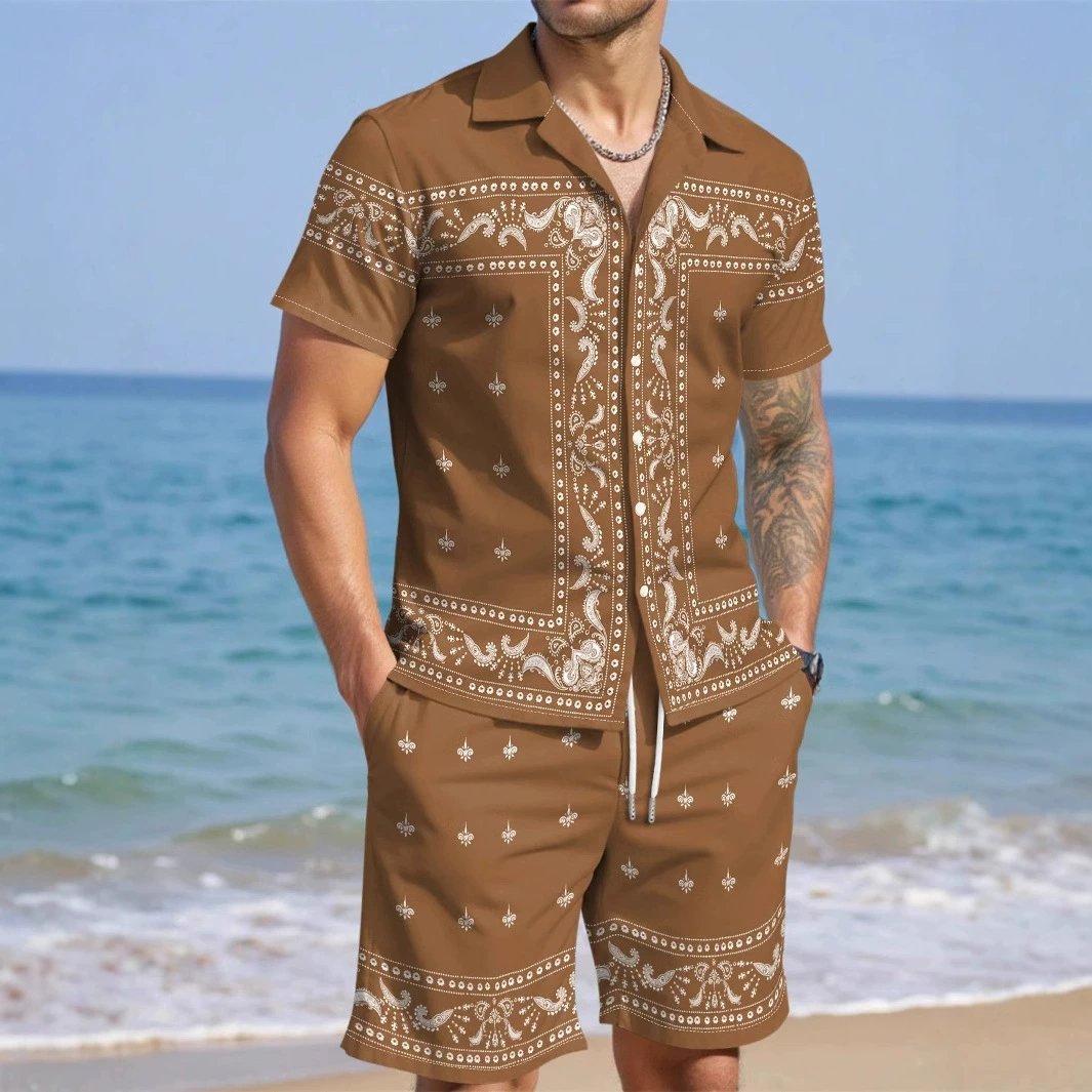 AliExpress 2025 новый повседневный свободный модный высококачественный мужской комплект с коротким рукавом и рубашкой с кубинским воротником и шортами