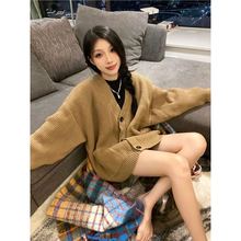 韩版学院风卡其色开衫外套女针织毛衣秋冬新款ins宽松V领长袖纯色