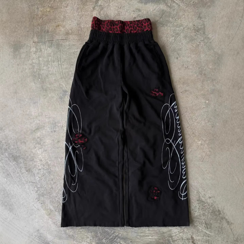 European and American Cross-Border Double Waistband Letter Print Ripped Casual Sports Sweatpants High Street Y2K Retro Loose Long Pants Trendy
