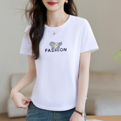 ラウンドネック右肩半袖Tシャツ女性用2025新作夏人気スタイル半袖ルーズトップグレーTシャツ