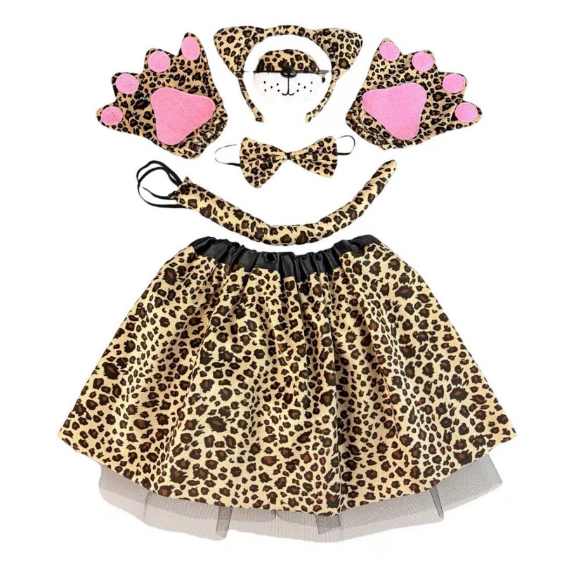 Leopard Print Animal Role-Playing Costume Set, Dance Party Cosplay Props, Skirt, Headband, Tail, Gloves, All Included
