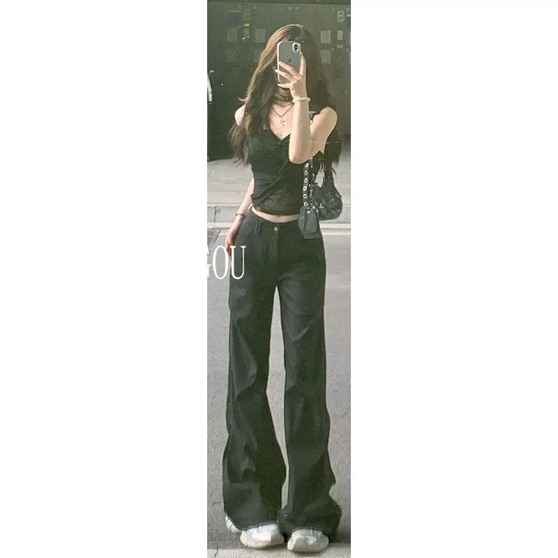 Женские летние черные брюки-карго высотой 175 см с высокой талией, широкие расклешенные ультрадлинные свободные брюки длиной до пола.