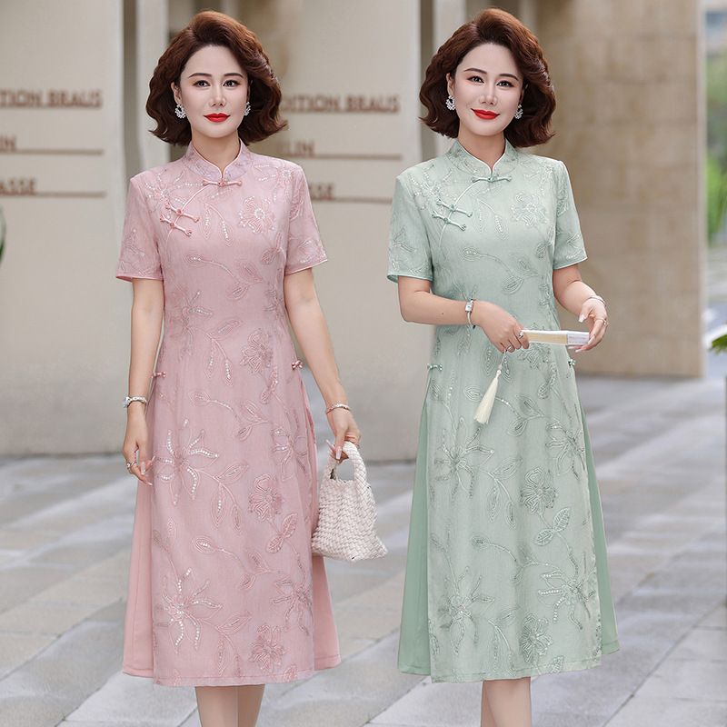New Chinese-Style Summer Short-Sleeved Slimming Dress for Mothers, New Style Middle-Aged and Elderly Women's Summer Dress, Mid-Length Dress New Chinese-Style Summer Short-Sleeved Slimming Dress for Mothers, New Style Middle-Aged and Elderly Women's Summer Dress, Mid-Length Dress