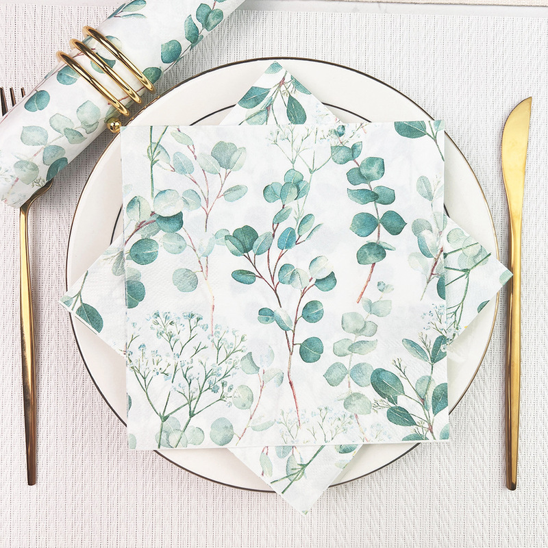 in stock eucalyptus leaf paper towel color printing green leaves napkin party decoration restaurant disposable color printing paper towel