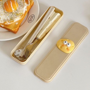 ✅ Ins Cute Cheese Spoon Fork Chopsticks Three-Piece Set Student Kidsren Outdoor Portable Tableware Storage Box Set