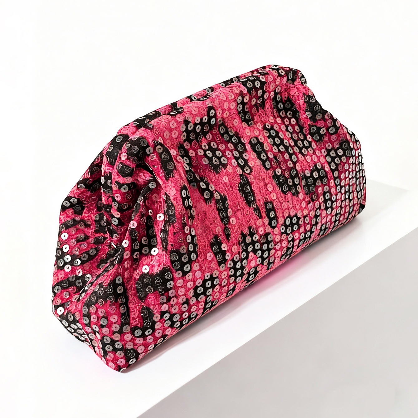 Women's Sequined Leopard Print Fuchsia Evening Bag Style Clutch Makeup Bag Prom Accessory_voghion.com