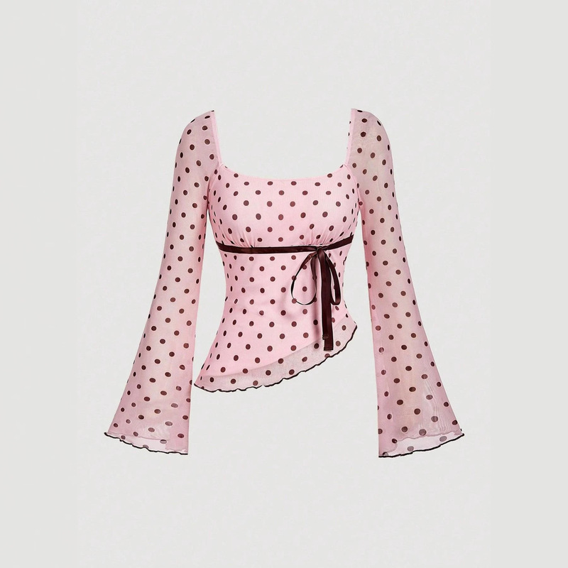 Contrast color front-tie bell-sleeve ruffled irregular hem slim-fit sweet square-neck polka dot top T-shirt