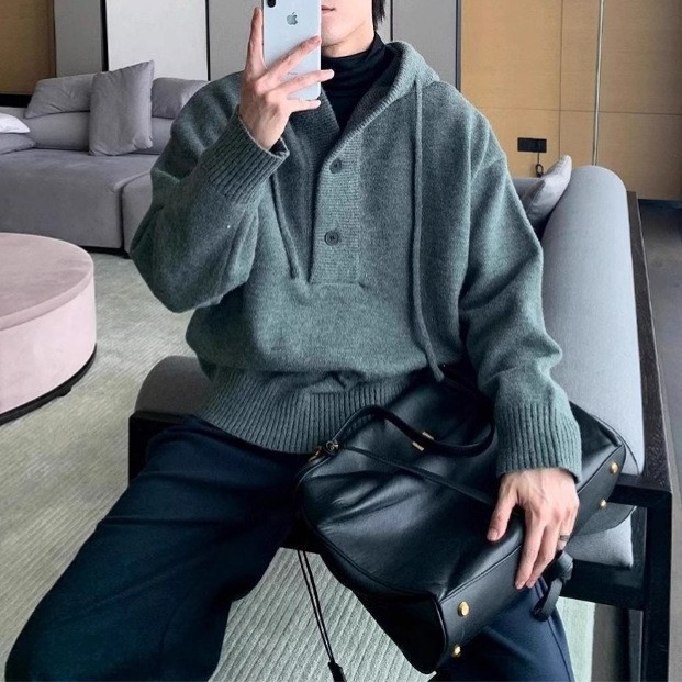 冬季半开衫连帽套头毛衣男款韩版简约纯色宽松休闲百搭针织衫上衣|undefined