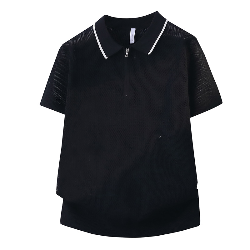 Polo camiseta de punto camiseta de manga corta hombre solapa media cremallera camiseta hueca verano viejo qianfeng fábrica de negocios transfronterizos al por mayor