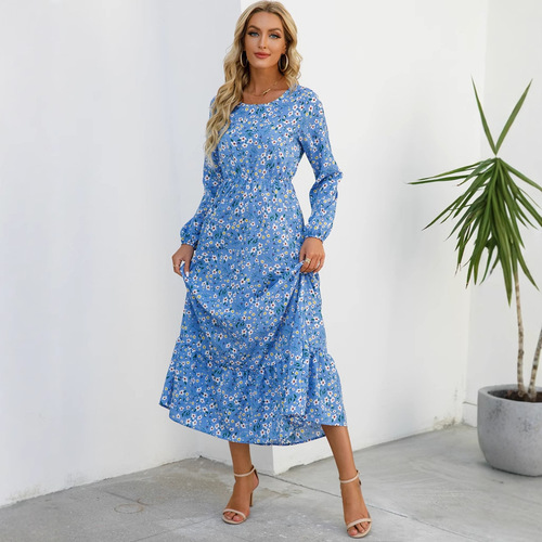 Spring and Autumn Embroidered Chiffon Dress with Waist Cinching, Slimming Long Sleeve Round Neck, Long Print Dress for Girls