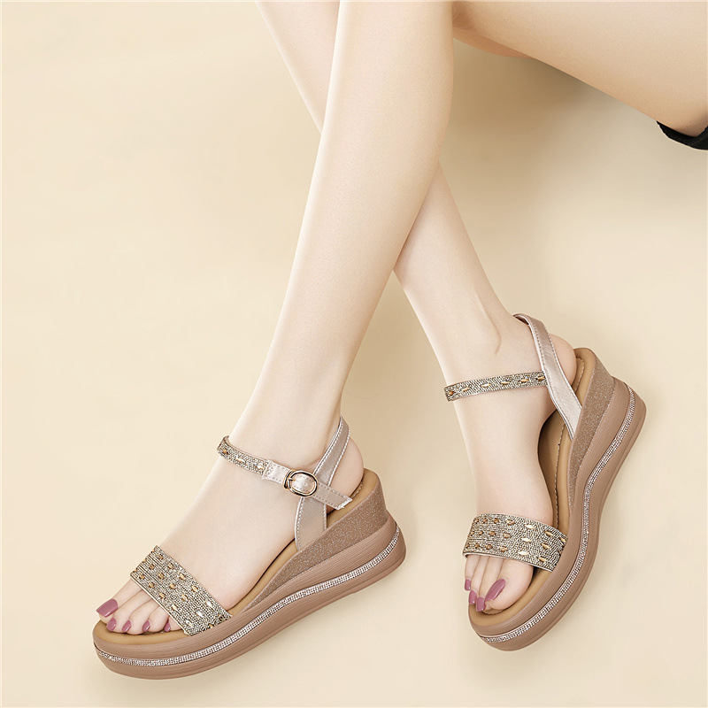 Giày sandal cao gót nữ hở mũi đính đá đế dày tăng chiều cao — 6120 Da đen, 6120 Vàng chi tiết 7