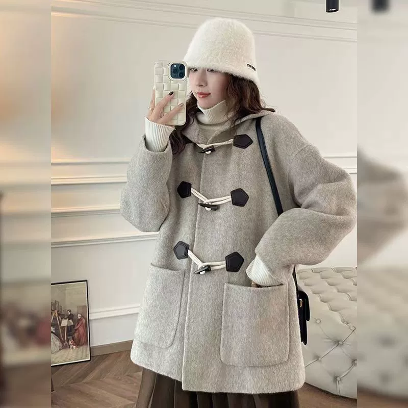Короткое шерстяное пальто женское осеннее и зимнее платье 2024 нового маленького корейского нежного рога с капюшоном плащ пальто