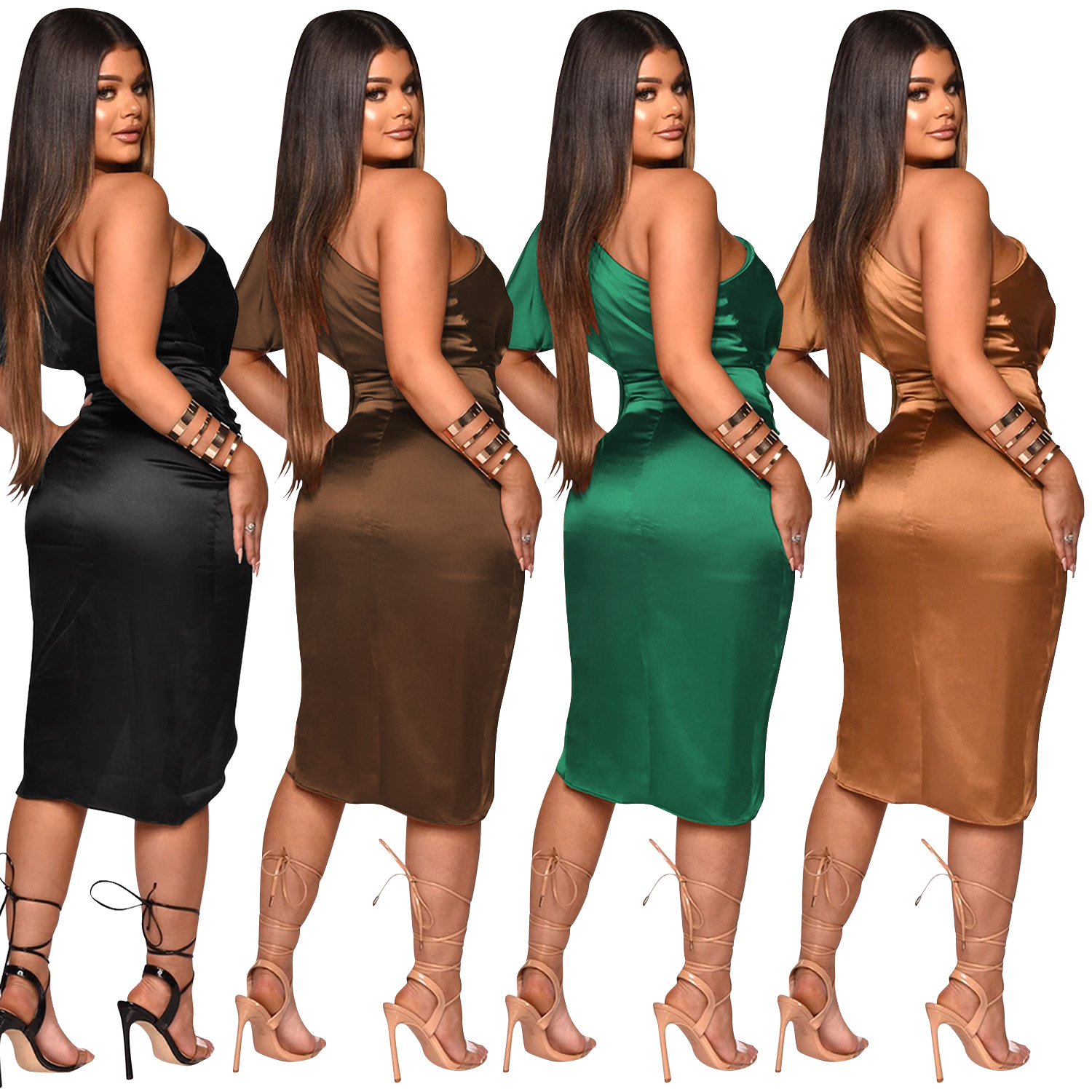 X5273 transfronterizo nuevo producto AliExpress Amazon moda europea y americana color sólido de las mujeres de un solo hombro split MIDI falda vestido image 5