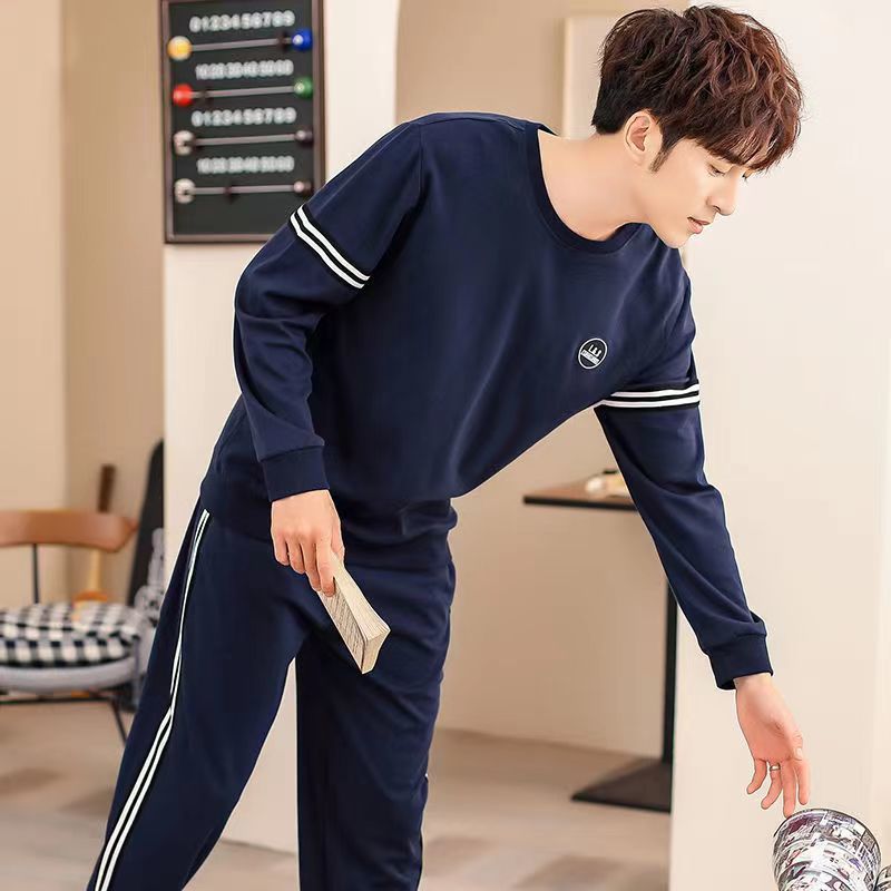 남성용 고급 면 잠옷, 긴팔, 봄, 가을, 청소년, 중년, 대형, 헐렁하고 착용 가능한 면 남성용 가정복