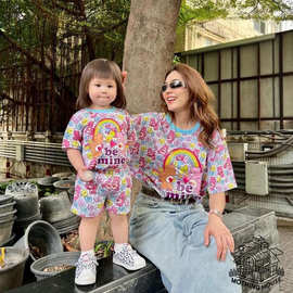 儿童可爱小熊短袖短裤套装中小童母女装韩版T恤亲子装两件套童装