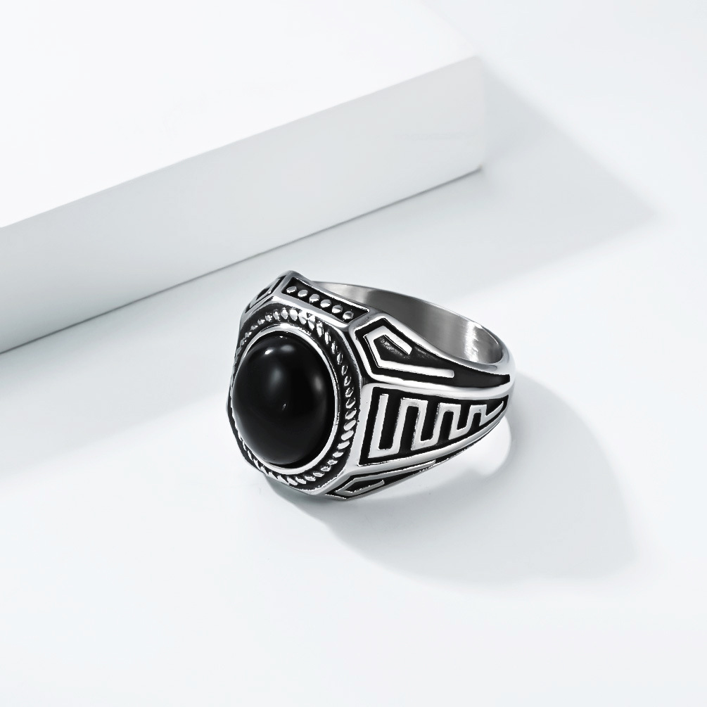 Herren Ring Aus Titanstahl Im Retro Design Mit Schwarzem Stein_voghion.com