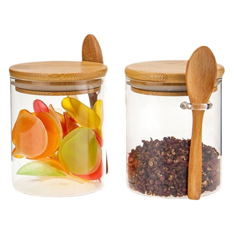 Tarro de vidrio redondo con cuchara, tarro hermético para el hogar para almacenar frijoles y frutas secas, recipiente de vidrio.