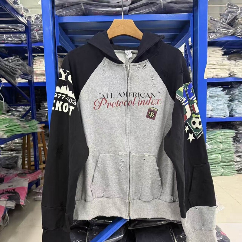 PROTOCOL INDEX Loose-Fit Casual Cardigan Hooded Sweatshirt Vintage Distressed Ripped Unisex Zip-Up Jacket Trendy PROTOCOL INDEX Loose-Fit Casual Cardigan Hooded Sweatshirt Vintage Distressed Ripped Unisex Zip-Up Jacket Trendy