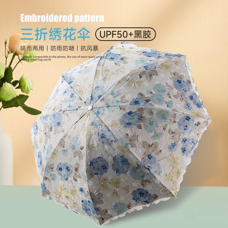 Double-Layer Sun Protection and Uv Protection Small Fresh Goddess Lace Umbrella Folding Rain or Shine Gold Glue Sunshade Umbrella