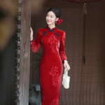 中式高端丝绒绣花旗袍女红色冬天结婚新娘敬酒服2025秋季高级订婚