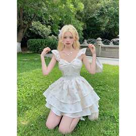 绝美甜辣妹飞飞袖吊带连衣裙仙女夏季海边度假风小个子显瘦蓬蓬裙