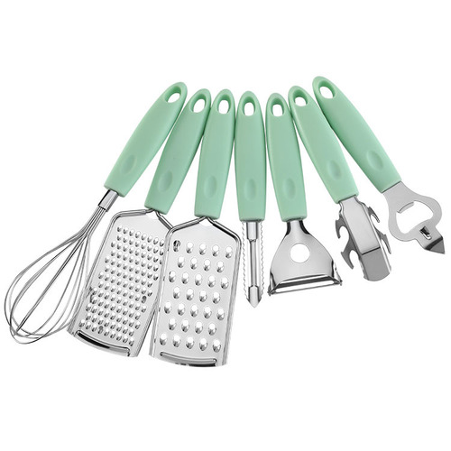 Creative plastic handle stainless steel kitchen gadgets kitchen utensils egg beater bottle opener grater plate lift set