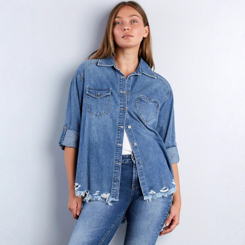 Cross-Border Temu Aliexpress Amazon Ripped Asymmetrical Tassel Denim Shirt for Women Women's Denim Shirt