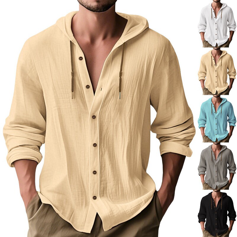 Cross-Border Amazon European and American Four Seasons Hawaii Men's Casual Cotton and Linen Casual Loose Breathable Long Sleeve Hooded Shirt