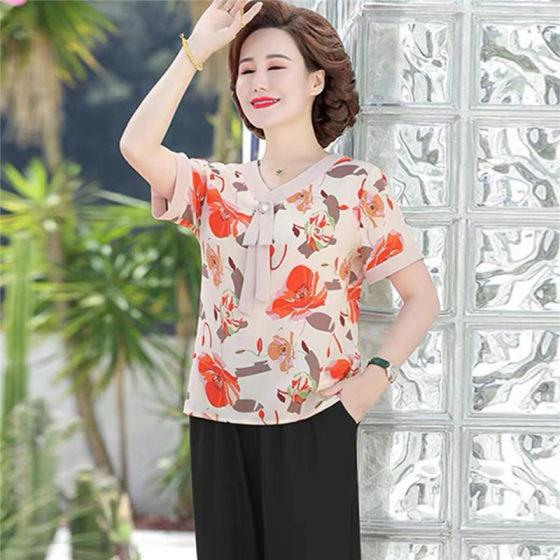 Mother's Summer Fashion Short-sleeved Top 2022 New Middle-aged and Elderly Women's Summer Stylish Chiffon Shirt T-shirt