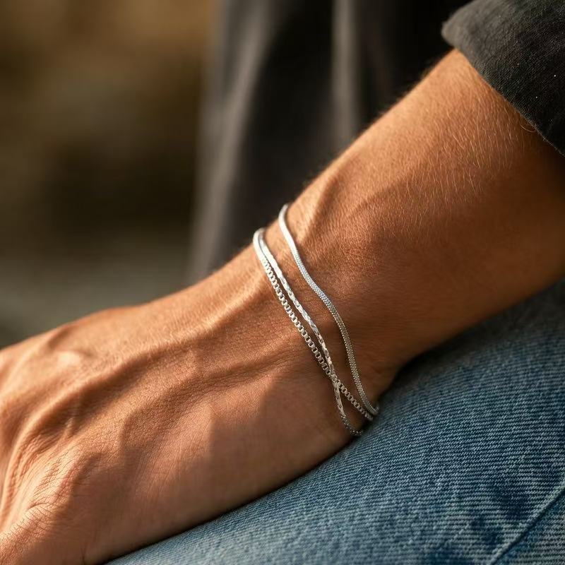 Cross-Border European and American Style Three-Piece Set of Silver Bracelets for Men and Women, Stainless Steel Snake Bone Chain, Square Chain Jewelry Gift Cross-Border European and American Style Three-Piece Set of Silver Bracelets for Men and Women, Stainless Steel Snake Bone Chain, Square Chain Jewelry Gift
