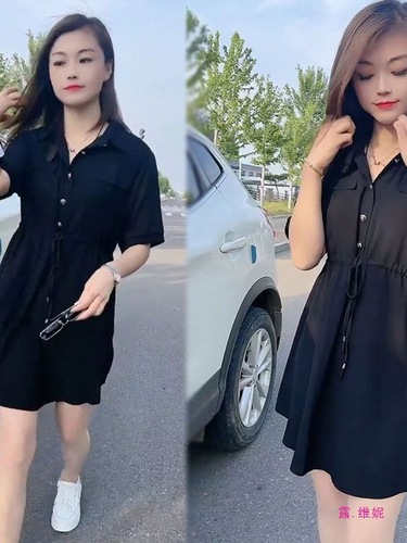 Chic Collared Shirt, Black Mini Skirt, Short-Sleeve, Cinched Waist, Slimming, Forest Style, Outerwear, Loose & Comfortable Dress