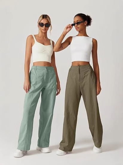 Pantalones anchos con cremallera frontal para mujer explosiva de Amazon transfronteriza, monos casuales de cintura alta, pantalones anchos con bolsillos de algodón