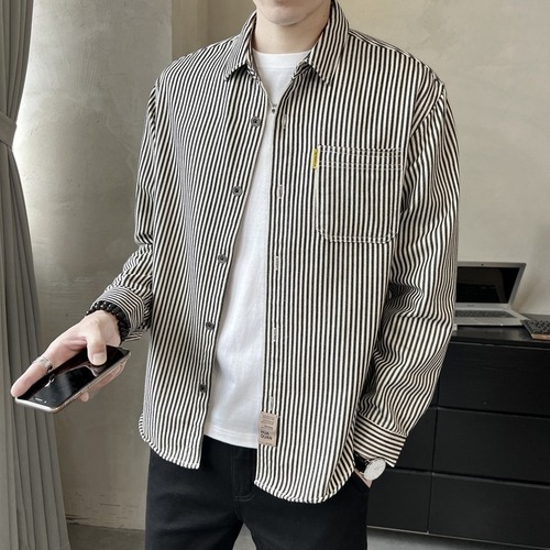 Spring and Autumn Simple and Versatile Personality Men's Fashion Lazy New Trend Cool Bad Boy Versatile Striped Men's Long-Sleeve Shirt