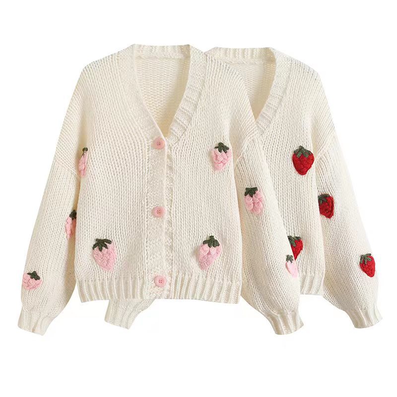 Japanese and Korean Style Twist Strawberry Embroidered Fashion Sweater Coat 2025 Autumn and Winter New Elegant Versatile V-Neck Knitted Cardigan Japanese and Korean Style Twist Strawberry Embroidered Fashion Sweater Coat 2025 Autumn and Winter New Elegant Versatile V-Neck Knitted Cardigan