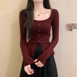 车厘子红色方领长袖针织衫女秋冬内搭设计感开叉修身毛衣打底上衣