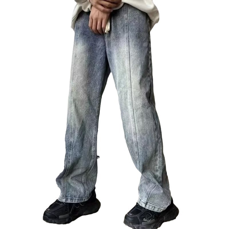 Pantalones vaqueros degradados de la marca de moda de los hombres ins pantalones casuales de la calle alta pantalones de trapeador de pierna ancha rectos sueltos con cordón de vaca