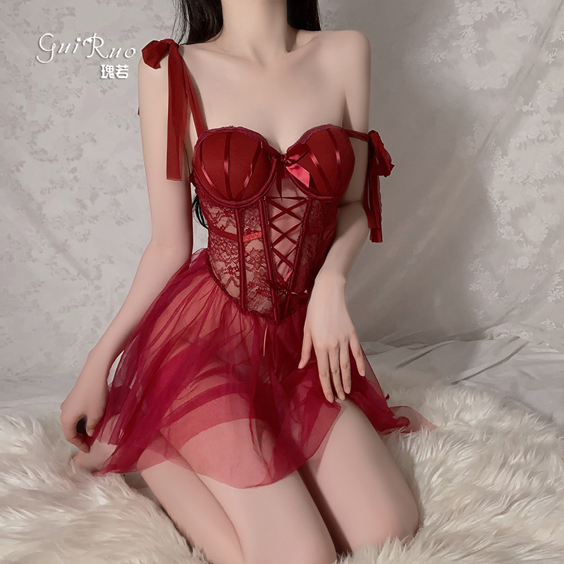 Gorgeous Intimate Apparel: Waist-Slimming, Slimming Chest Pads, Underwire, Push-Up Pajamas, Mesh See-Through, Purely Alluring Nightgown Set 3301