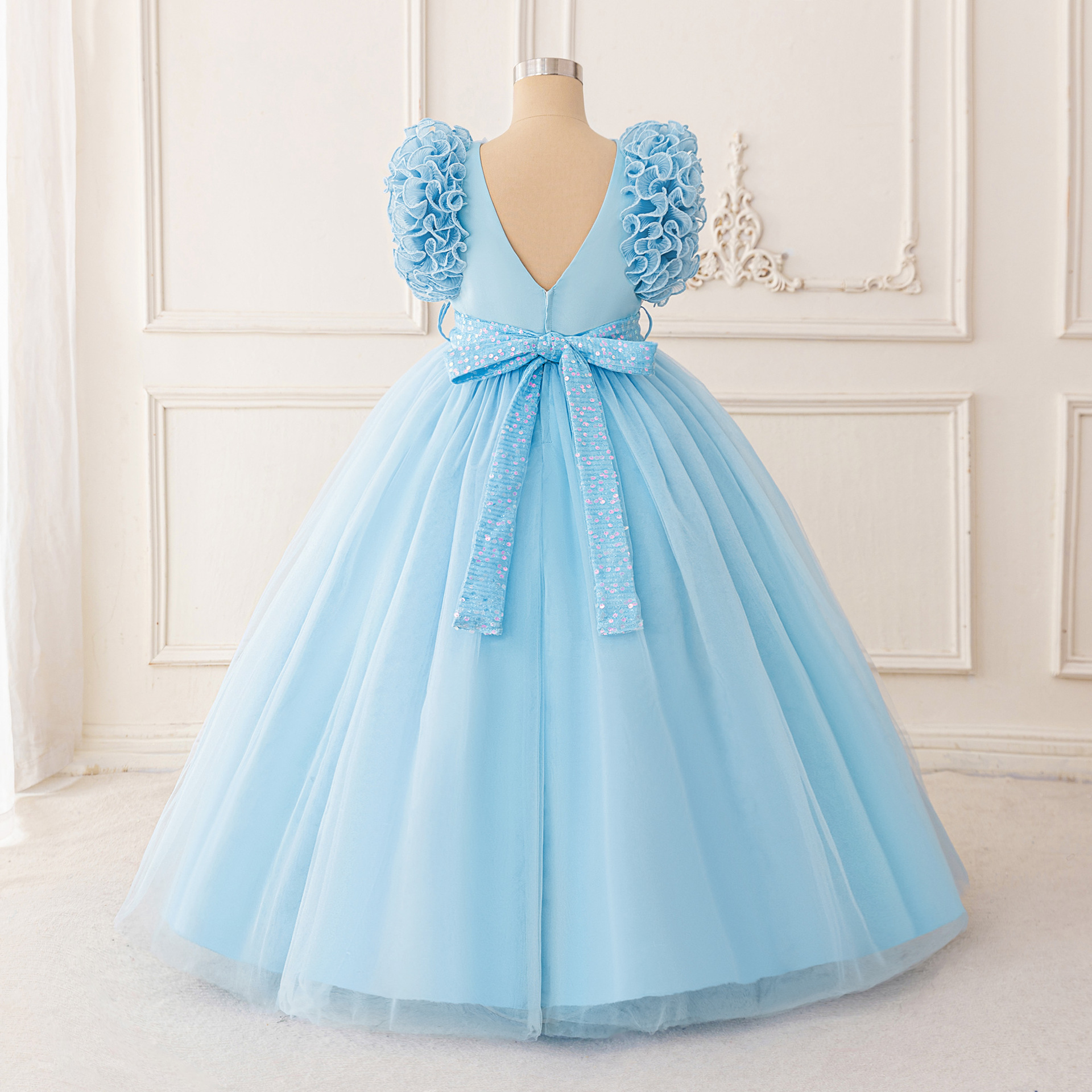 Nuevo vestido transfronterizo para niños, vestido de princesa, vestido de novia, vestido de malla, chaleco de cuello en V, vestido largo