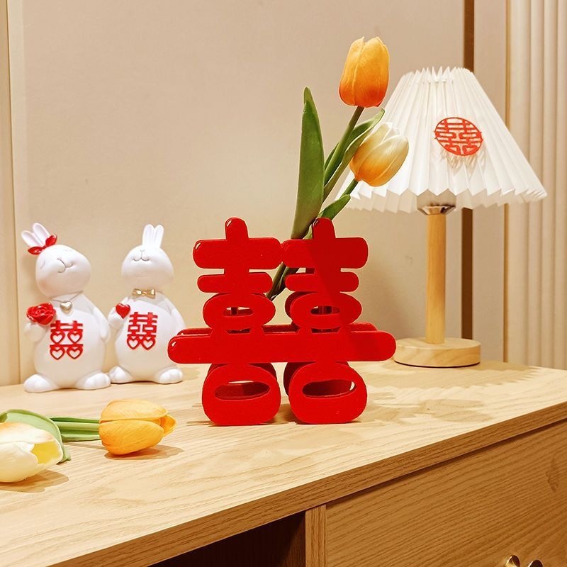 Wedding Room Decoration Set for Both Groom and Bride, Master Bedroom, Hotel-Style, 3D Double Happiness Character Arrangement, Flower Vase for Wedding