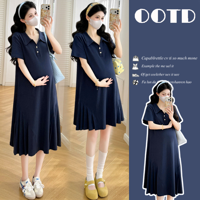 Maternity Wear Summer Trendy Mom Fashion New Casual Polo Collar Loose Hem Pleated Belly-Covering Slimming Dress Maternity Wear Summer Trendy Mom Fashion New Casual Polo Collar Loose Hem Pleated Belly-Covering Slimming Dress