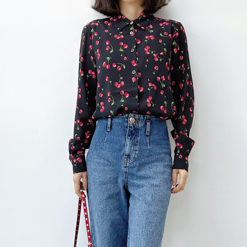 Special Offer: European and American Style Fresh Cherry Print Long-Sleeve Silk Shirt for Women, Shell Button Shirt in Two Colors Special Offer: European and American Style Fresh Cherry Print Long-Sleeve Silk Shirt for Women, Shell Button Shirt in Two Colors