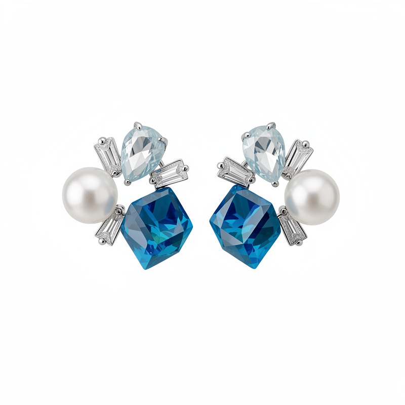 Agujas de plata de piedra de diamante gota de agua cuadrada perla personalidad temperamento nicho pendientes ligeros de lujo alta sensación de auriculares al por mayor