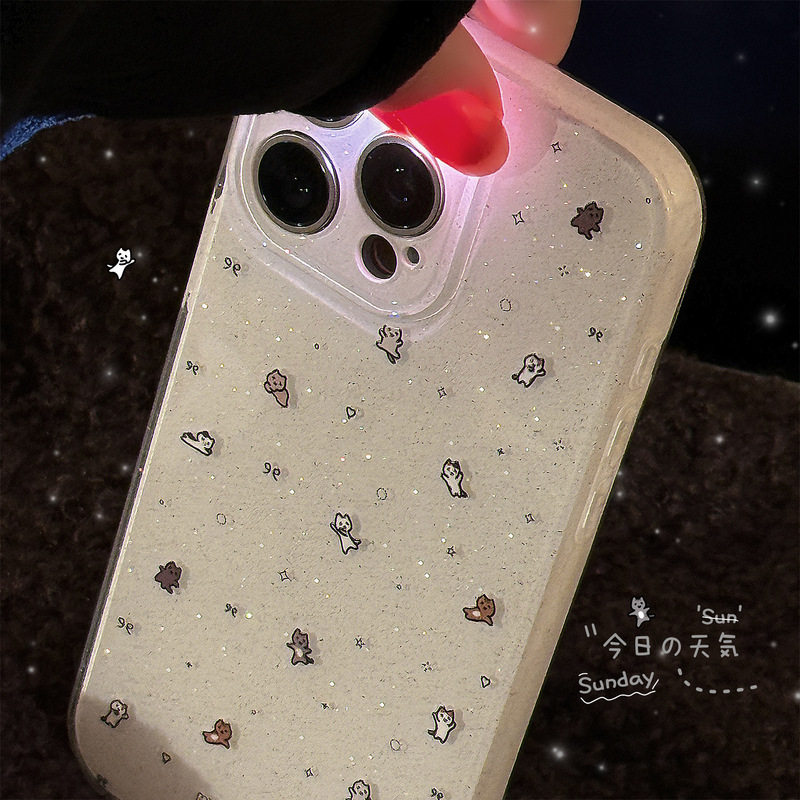 Double-Layer Glitter Powder Suitable for Apple 16 Mobile Phone Case Mini Cat Iphone18Promax Soft 15 Niche Cartoon 17
