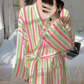 韩国ins女士夏季新品彩虹条纹韩系纱布睡袍浴袍睡裙睡衣家居服女
