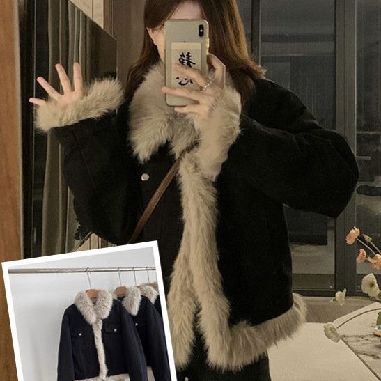 加厚夹棉毛领短款牛仔外套女秋冬季韩版新款高级感小个子外搭棉服