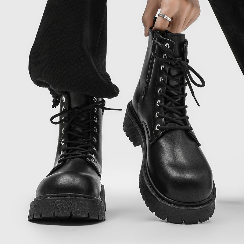 Side Zipper Martin Boots for Men, High-Top British Style Leather Black Work Boots, Spring Height-Increasing Mid-Top Short Boots
