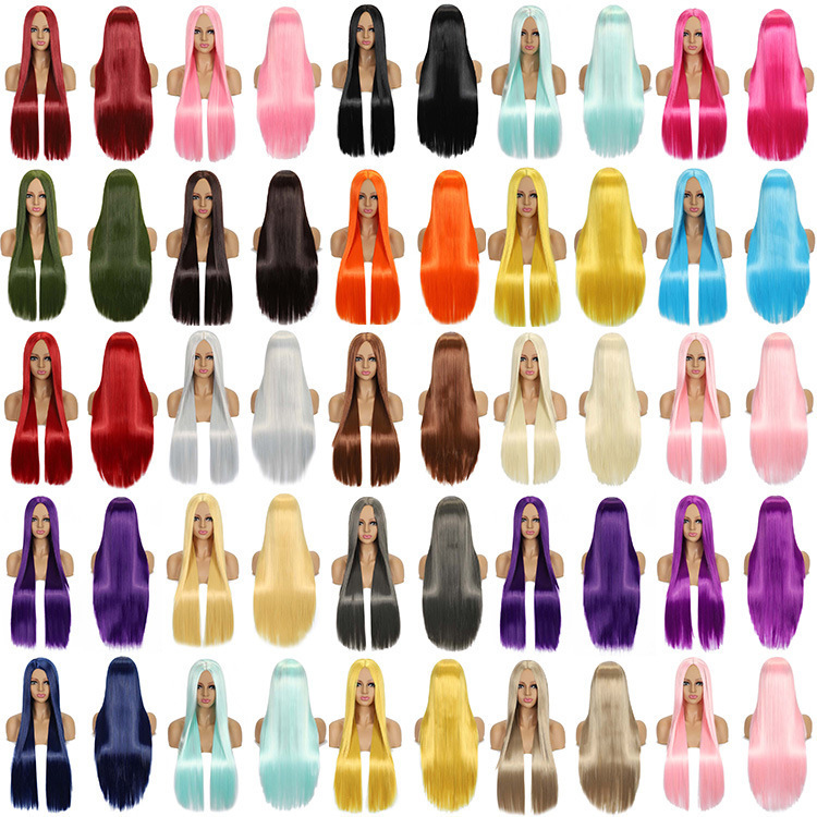 Europe, America and Africa black long straight hair ladies chemical fiber high temperature silk mechanism cosplay wig manufacturers wholesale